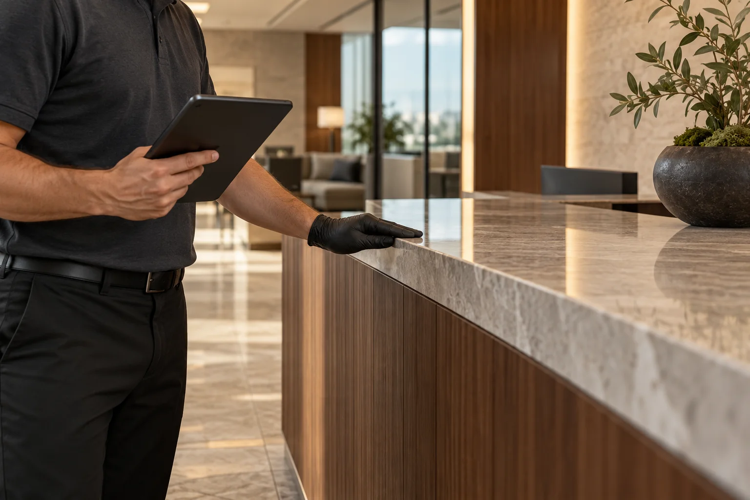 Illustrative close view of a quality inspection in a commercial reception